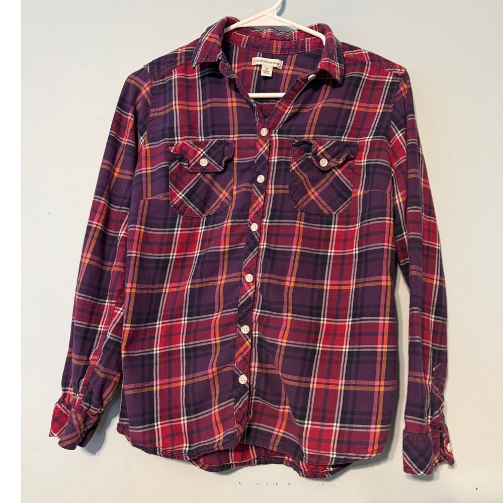Croft & Barrow Women's Small Purple Plaid Flannel Long Sleeve Button Down 2086